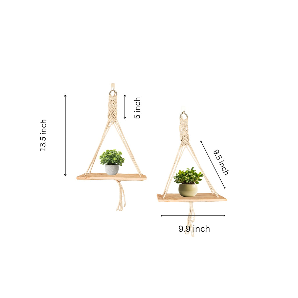 Handmade Macrame Hanging Wall Shelf- 2 with Wooden Plank, Boho Plant Holder for Home Decor